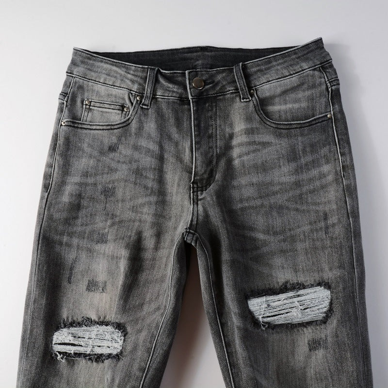 Non-mainstream Personality Patch Jeans Men's Cover Damage Gray Casual Pants Non-mainstream Personality Patch Jeans Men's Cover Damage Gray Casual Pants