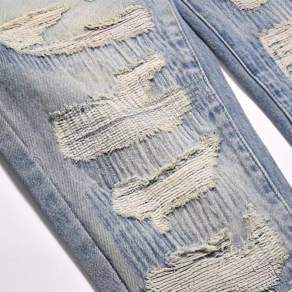 Patchwork Ripped Cat Beard Patch Casual Pants Patchwork Ripped Cat Beard Patch Casual Pants