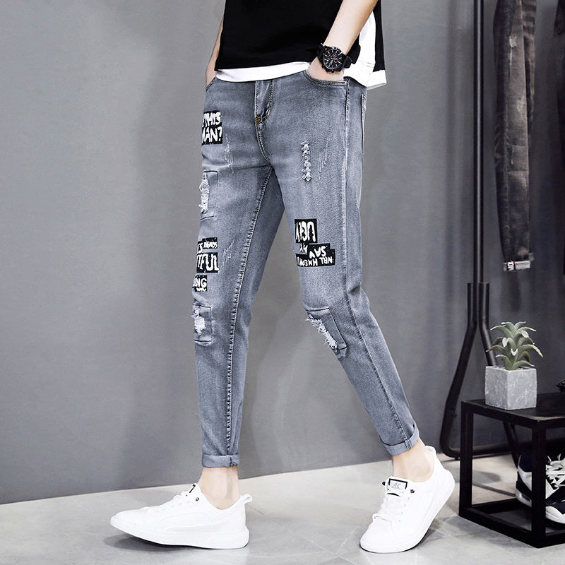 Autumn black ripped ankle jeans men Autumn black ripped ankle jeans men