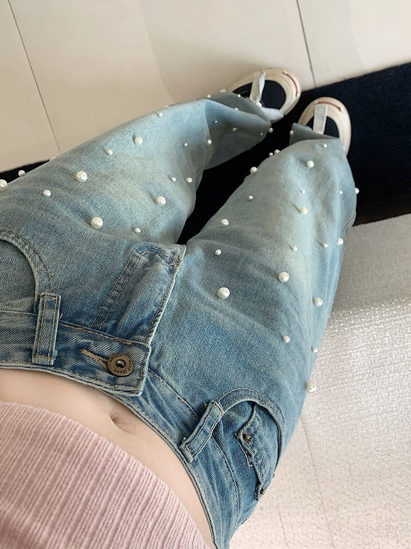 Pearl Straight Jeans High Waist Slim-fit Wide-leg Pants Women Pearl Straight Jeans High Waist Slim-fit Wide-leg Pants Women