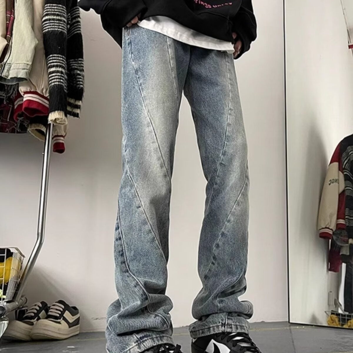 American High Street Washed Distressed 3D Cutting Jeans Men American High Street Washed Distressed 3D Cutting Jeans Men