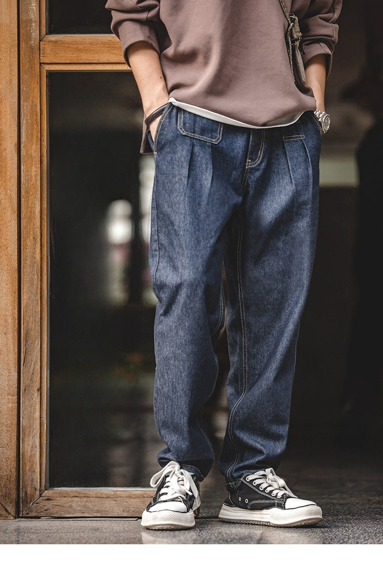 Vintage Denim Washed Elastic Waist Loose Jeans Cityboy Wide Leg Tapered Pants Men Vintage Denim Washed Elastic Waist Loose Jeans Cityboy Wide Leg Tapered Pants Men