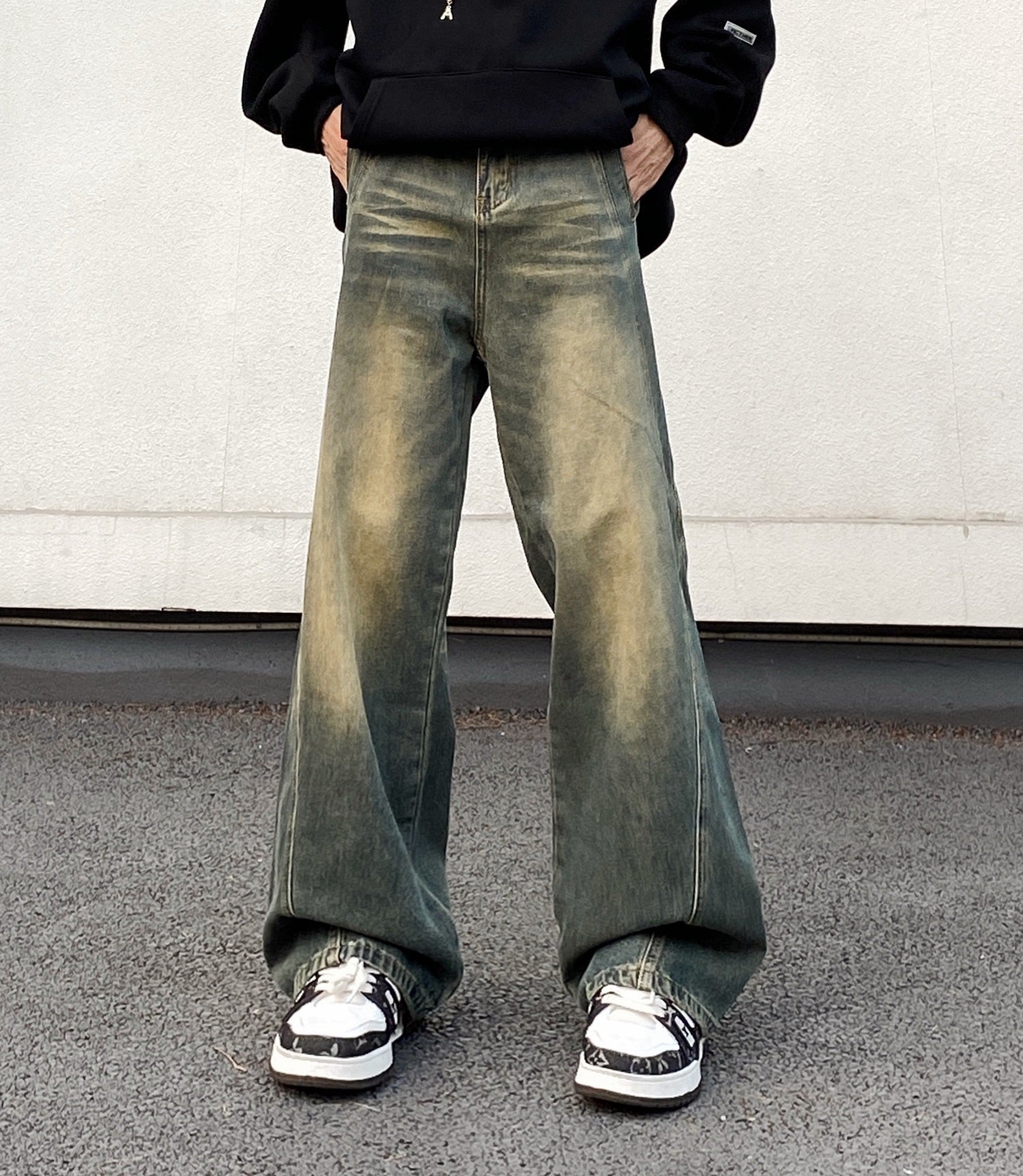 High Street American Retro Washed Distressed Yellow Mud Jeans Men High Street American Retro Washed Distressed Yellow Mud Jeans Men