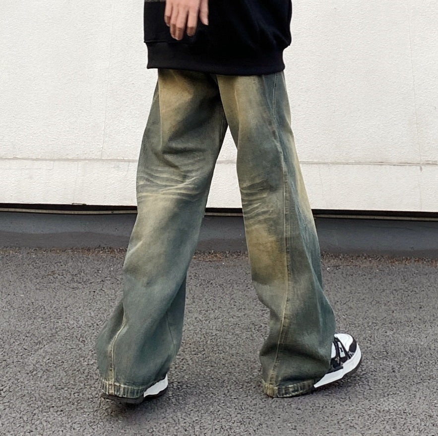 High Street American Retro Washed Distressed Yellow Mud Jeans Men High Street American Retro Washed Distressed Yellow Mud Jeans Men