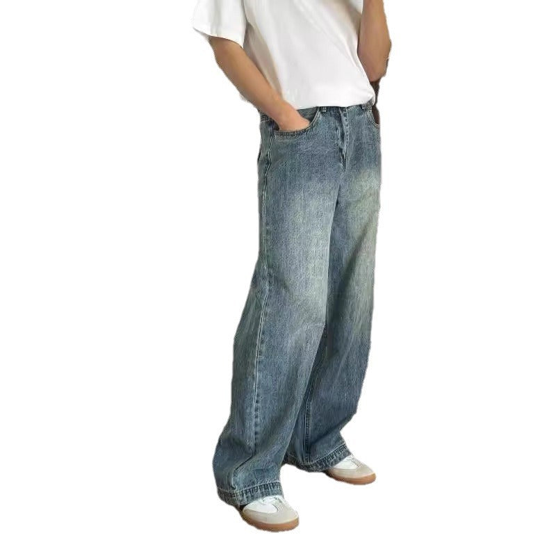 American Retro Washed Blue Wide Leg Jeans Men's Fashion Brand Cleanfit Straight All-matching Loose Casual Trousers American Retro Washed Blue Wide Leg Jeans Men's Fashion Brand Cleanfit Straight All-matching Loose Casual Trousers