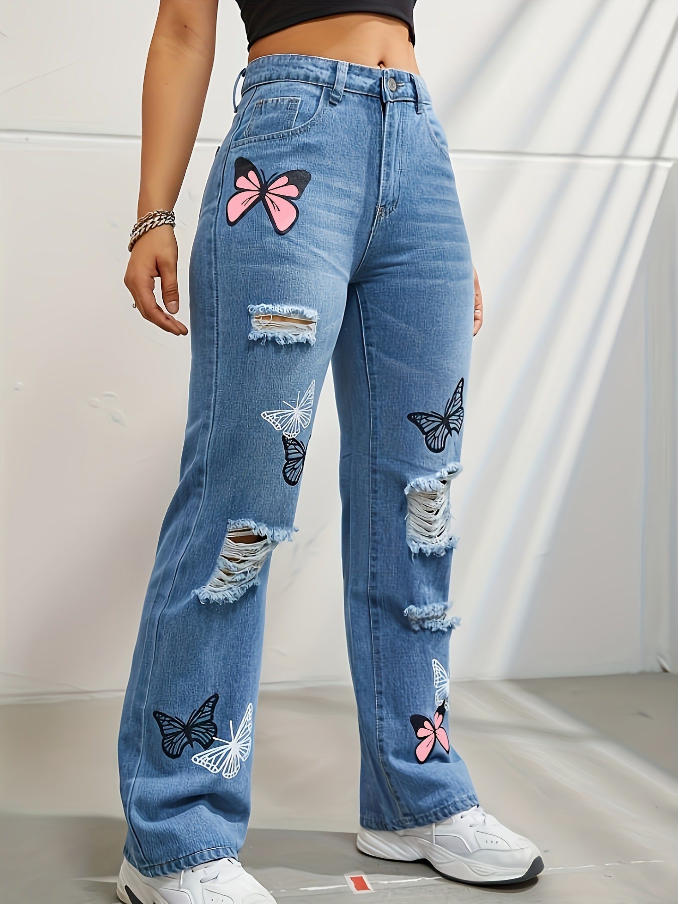 High Waisted Straight Leg Jeans For Women Trendy Butterfly Print Ripped Distressed Denim Pants High Waisted Straight Leg Jeans For Women Trendy Butterfly Print Ripped Distressed Denim Pants