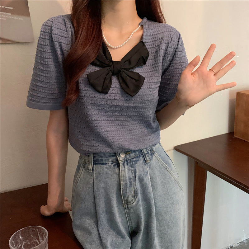 Sweet Turtleneck Round Neck Pearl Accessories Short Sleeve Sweater Bowknot Top Women Sweet Turtleneck Round Neck Pearl Accessories Short Sleeve Sweater Bowknot Top Women