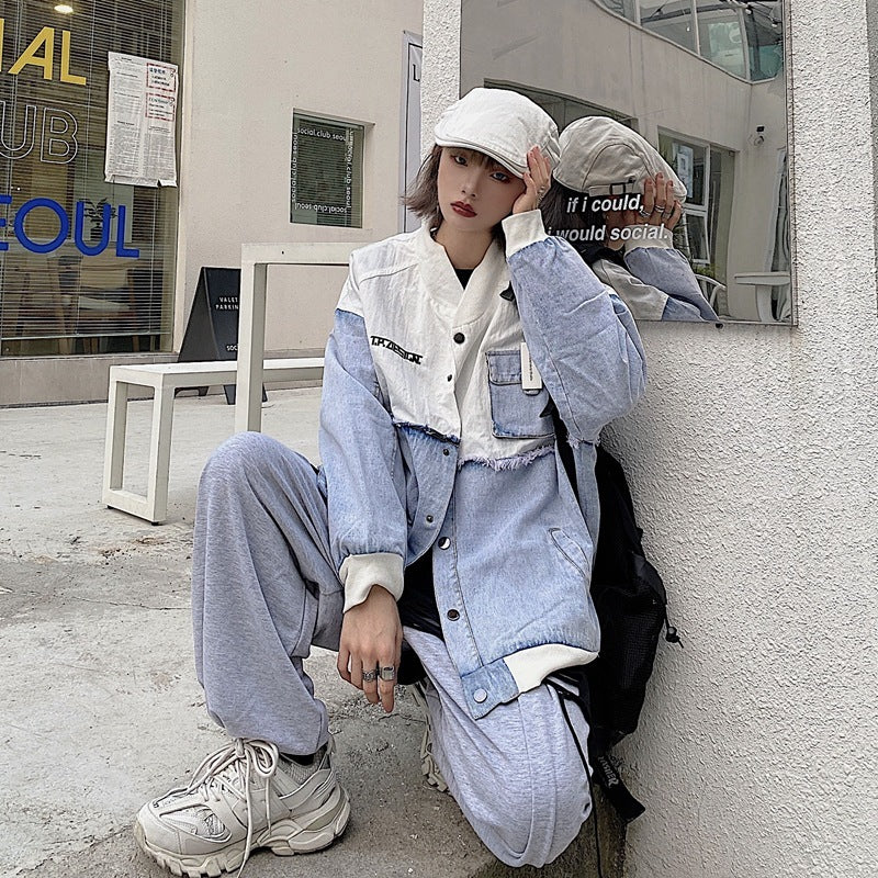Stitching Denim Embroidered Letters Men's And Women's Jackets Stitching Denim Embroidered Letters Men's And Women's Jackets