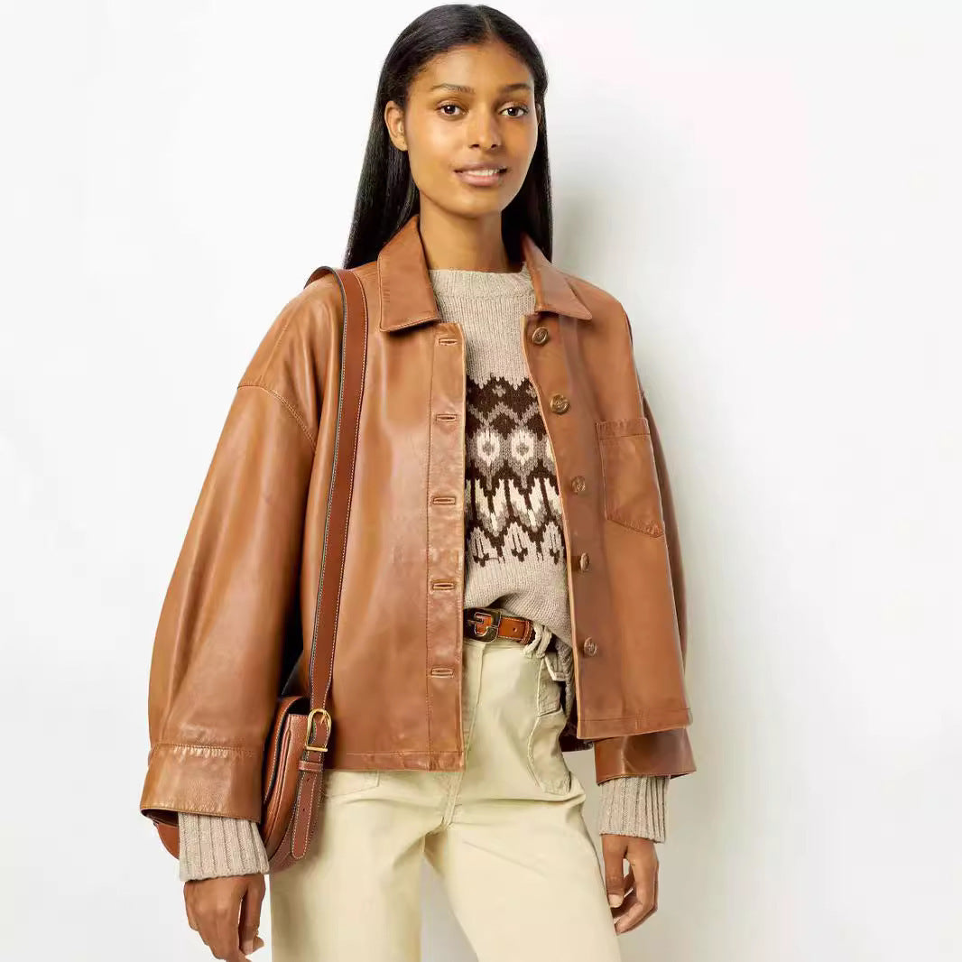 Elegant Brown Profile PU Leather Coat For Women Elegant Brown Profile PU Leather Coat For Women