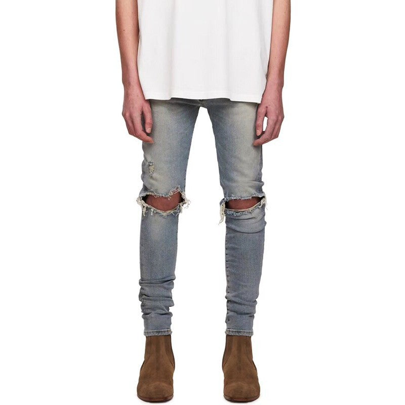 Pure Black Stretch Jeans With Holes For Men Pure Black Stretch Jeans With Holes For Men