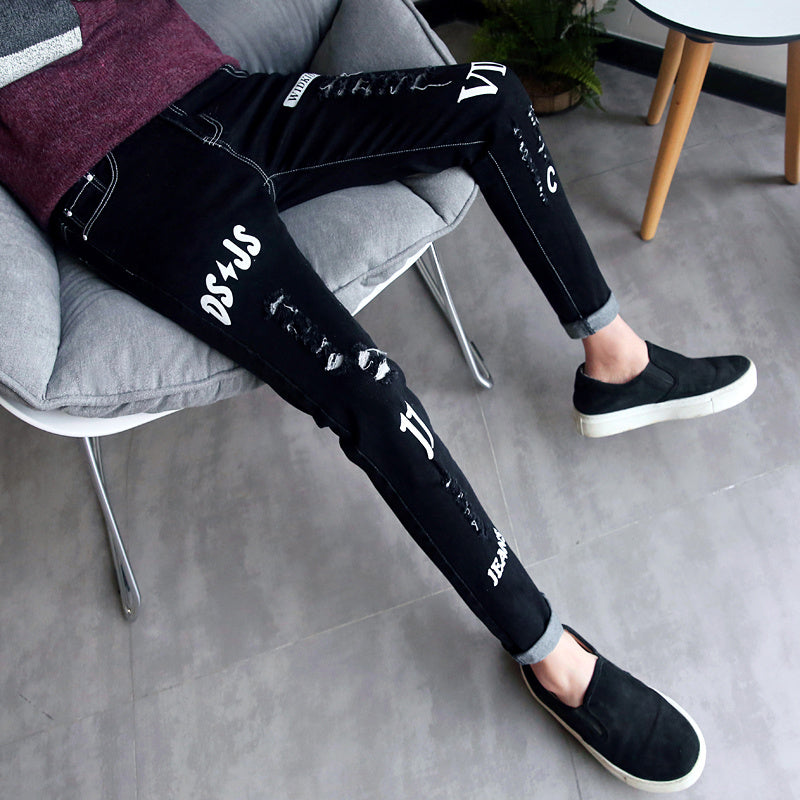 Autumn black ripped ankle jeans men Autumn black ripped ankle jeans men