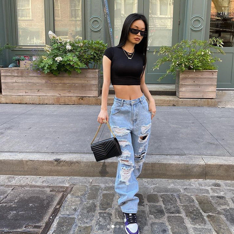 European and American Street Ripped Jeans Women Light Color High Waist European and American Street Ripped Jeans Women Light Color High Waist