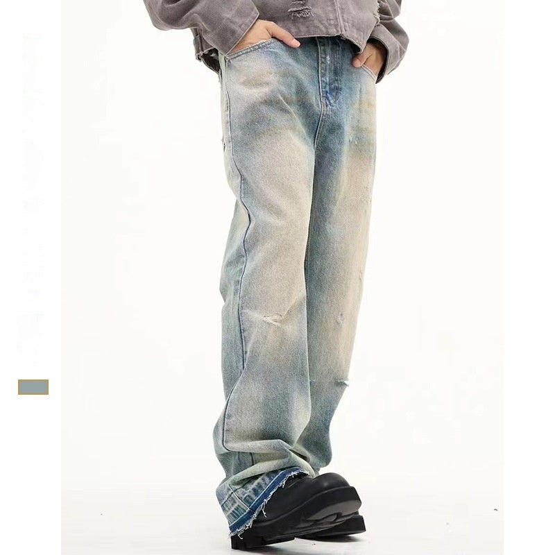 Loose Straight Leisure Washed-out Worn Jeans Men Loose Straight Leisure Washed-out Worn Jeans Men