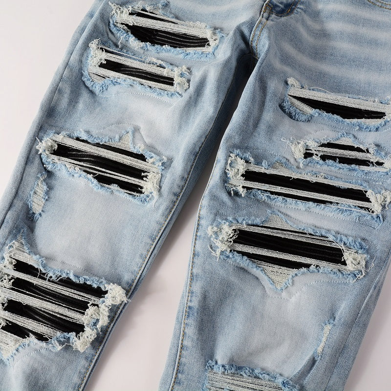 Leather Patched Holes, Elastic Slim Fitting Jeans For Men Leather Patched Holes, Elastic Slim Fitting Jeans For Men