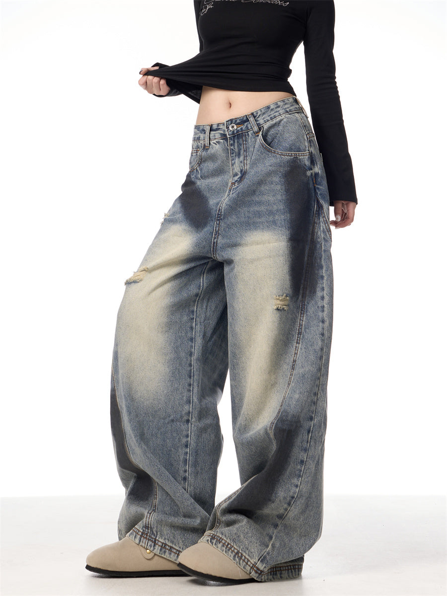 Splash Ink Ripped Machete Jeans For Women Loose-fitting Wide-leg Trousers Splash Ink Ripped Machete Jeans For Women Loose-fitting Wide-leg Trousers