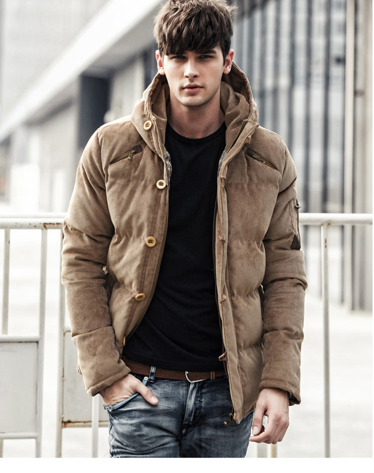 Autumn and winter men's hooded padded corduroy down cotton men's casual wild trend coat Autumn and winter men's hooded padded corduroy down cotton men's casual wild trend coat