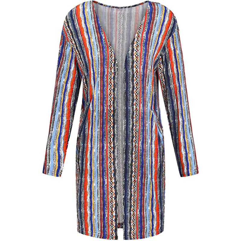 European And American Women's Jackets Striped Print Women's Cardigan Top European And American Women's Jackets Striped Print Women's Cardigan Top