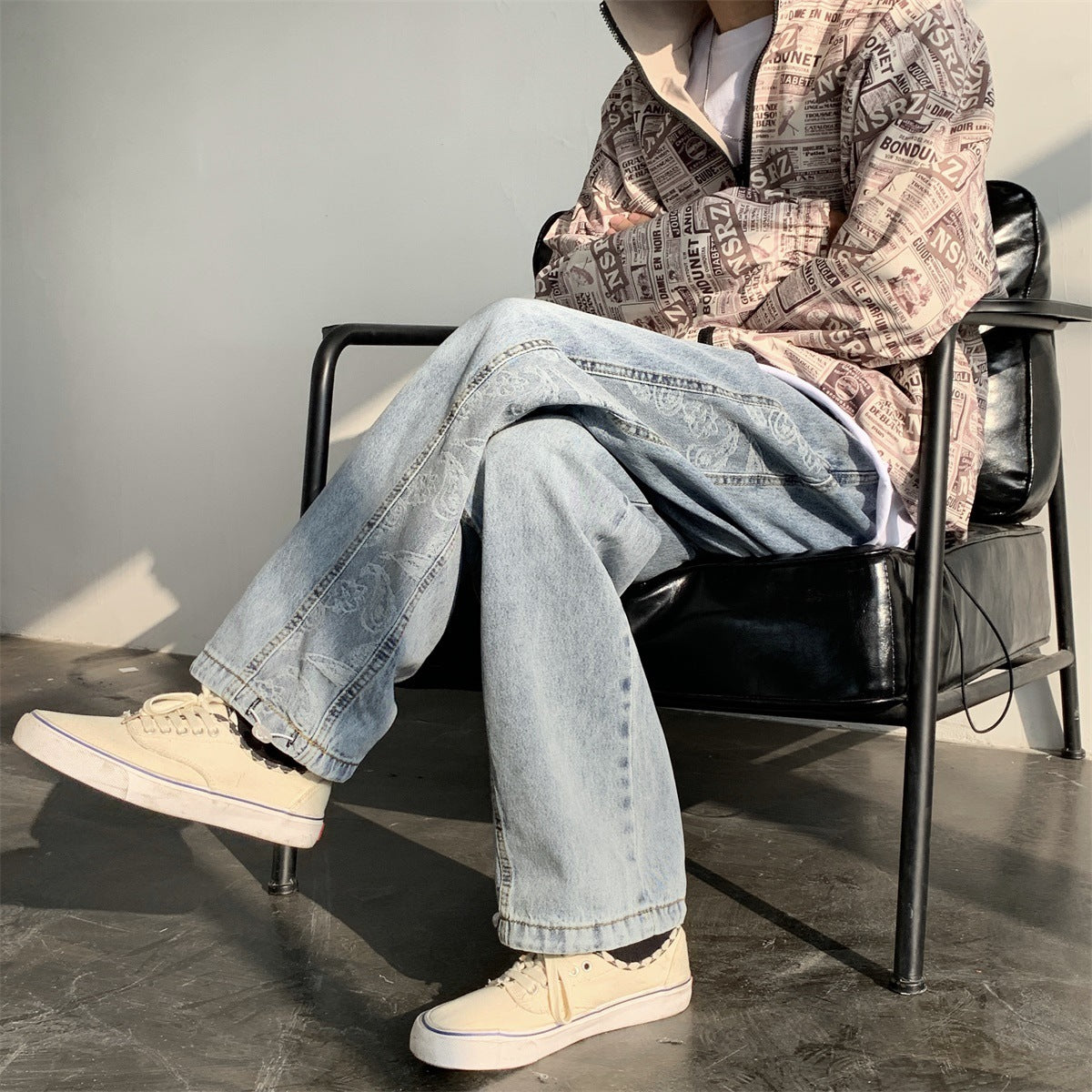Retro Jeans Ins Men and Women Stitching Cashew Jacquard Loose Wide-leg Straight Pants Drawstring Trousers Tide Retro Jeans Ins Men and Women Stitching Cashew Jacquard Loose Wide-leg Straight Pants Drawstring Trousers Tide