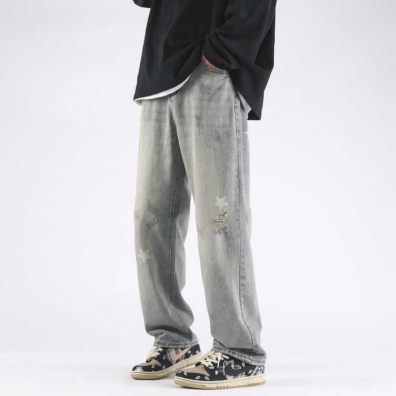 XINGX Printed Yellow Mud Dyed Ripped Jeans For Men XINGX Printed Yellow Mud Dyed Ripped Jeans For Men
