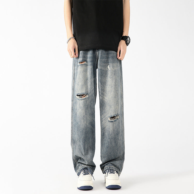 Men's American-style Vintage Ice Silk Ripped Jeans Men's American-style Vintage Ice Silk Ripped Jeans