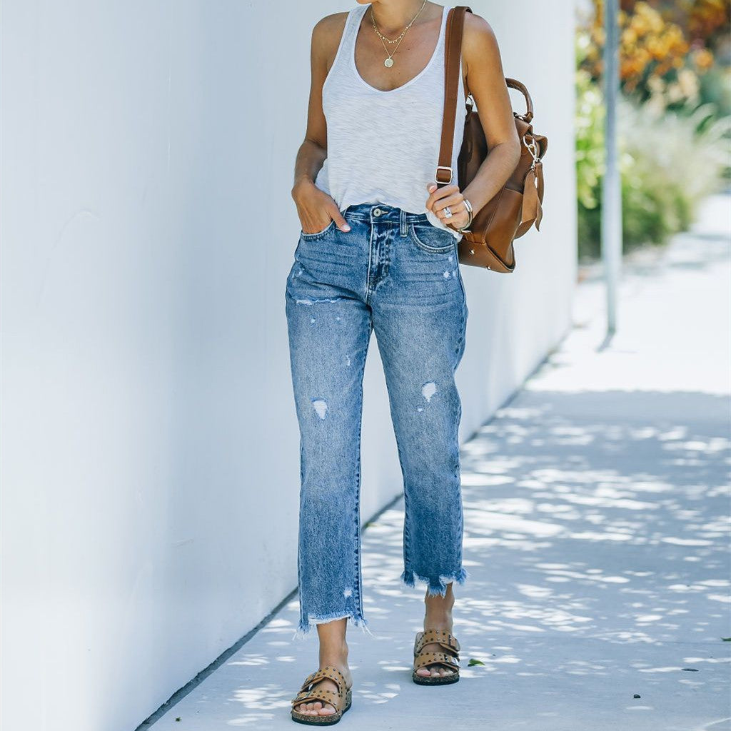 European And American Holes Light Blue Casual Nine-piece Straight Jeans Women European And American Holes Light Blue Casual Nine-piece Straight Jeans Women