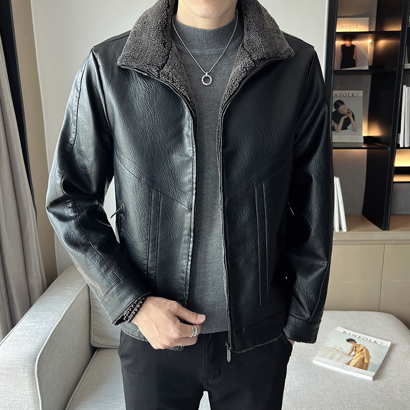 Hong Kong Style Velvet Padded Plus Size Men's Leather Jackets Hong Kong Style Velvet Padded Plus Size Men's Leather Jackets