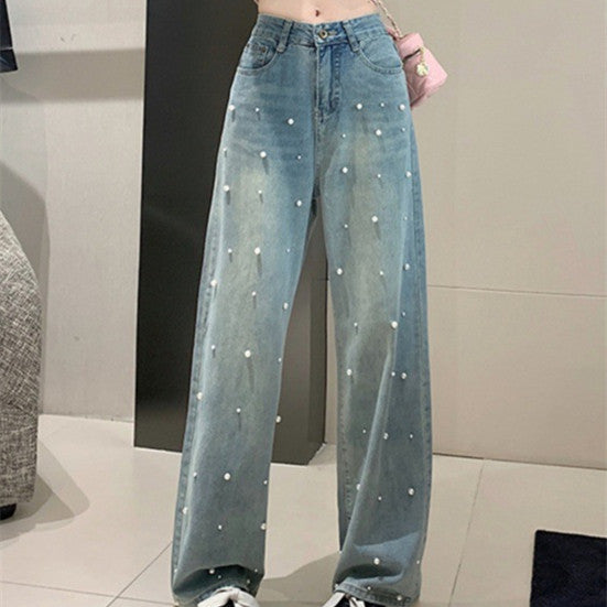 Pearl Straight Jeans High Waist Slim-fit Wide-leg Pants Women Pearl Straight Jeans High Waist Slim-fit Wide-leg Pants Women