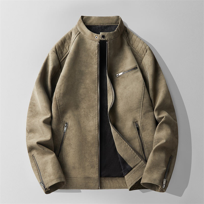 Men's Fleece-lined Slim Fit Handsome Motorcycle Clothing Stand Collar Leather Jacket Men's Fleece-lined Slim Fit Handsome Motorcycle Clothing Stand Collar Leather Jacket