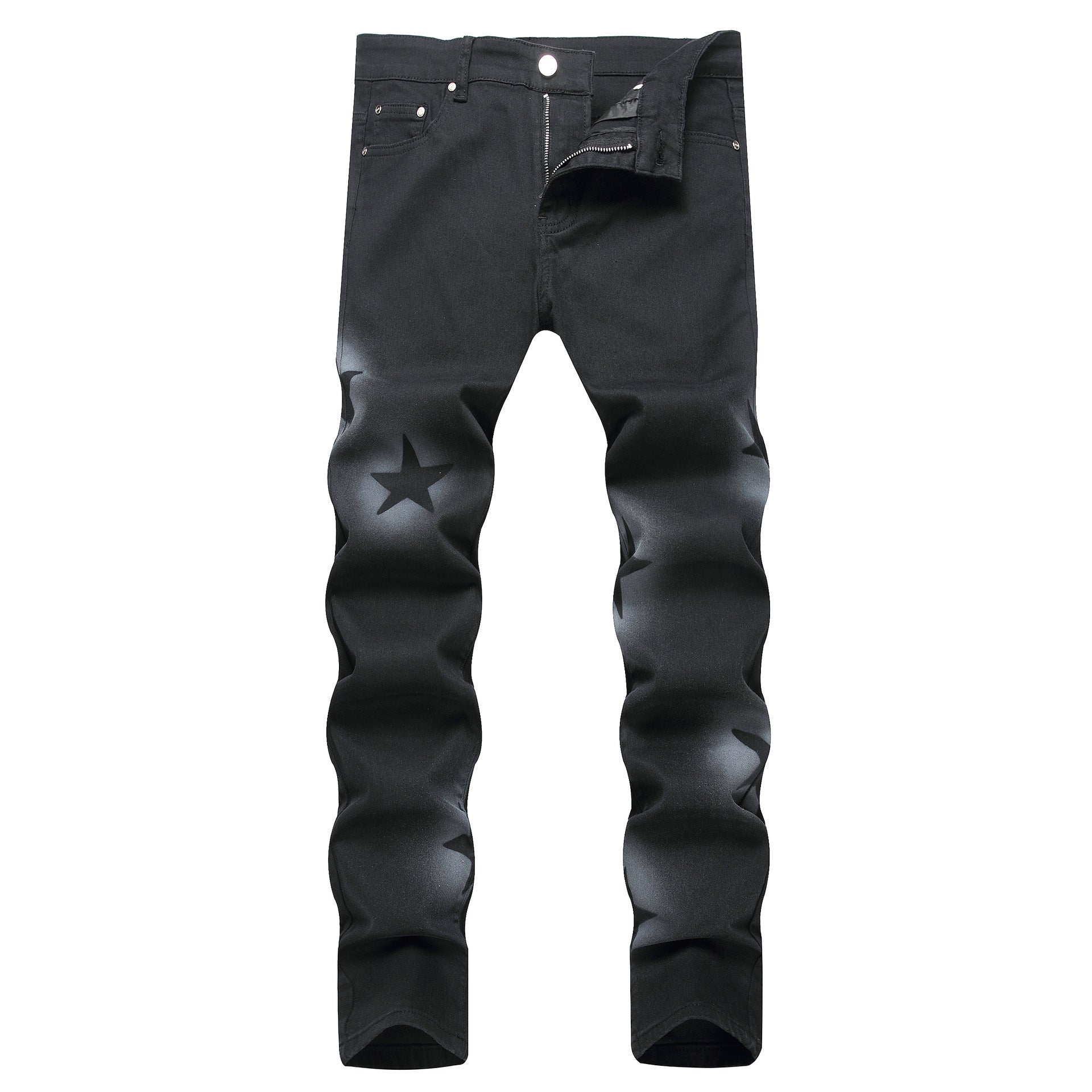 Hand-painted Gun Spray Five-pointed Star Elastic Black Pencil Pants Mid-waist Jeans Men Hand-painted Gun Spray Five-pointed Star Elastic Black Pencil Pants Mid-waist Jeans Men