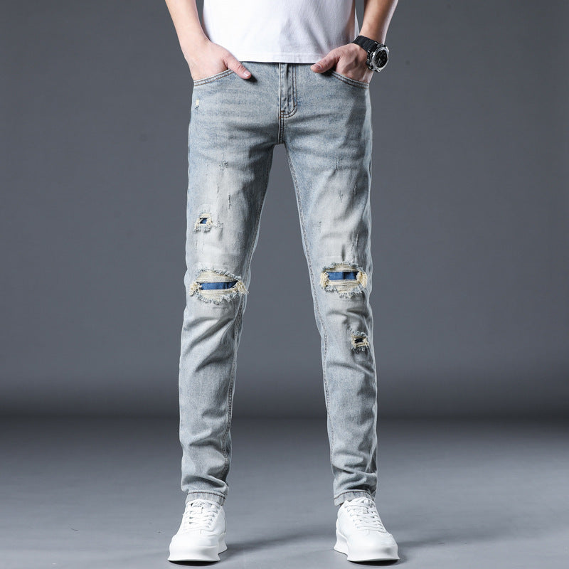 New Patch Ripped Jeans Men's Stretch New Patch Ripped Jeans Men's Stretch