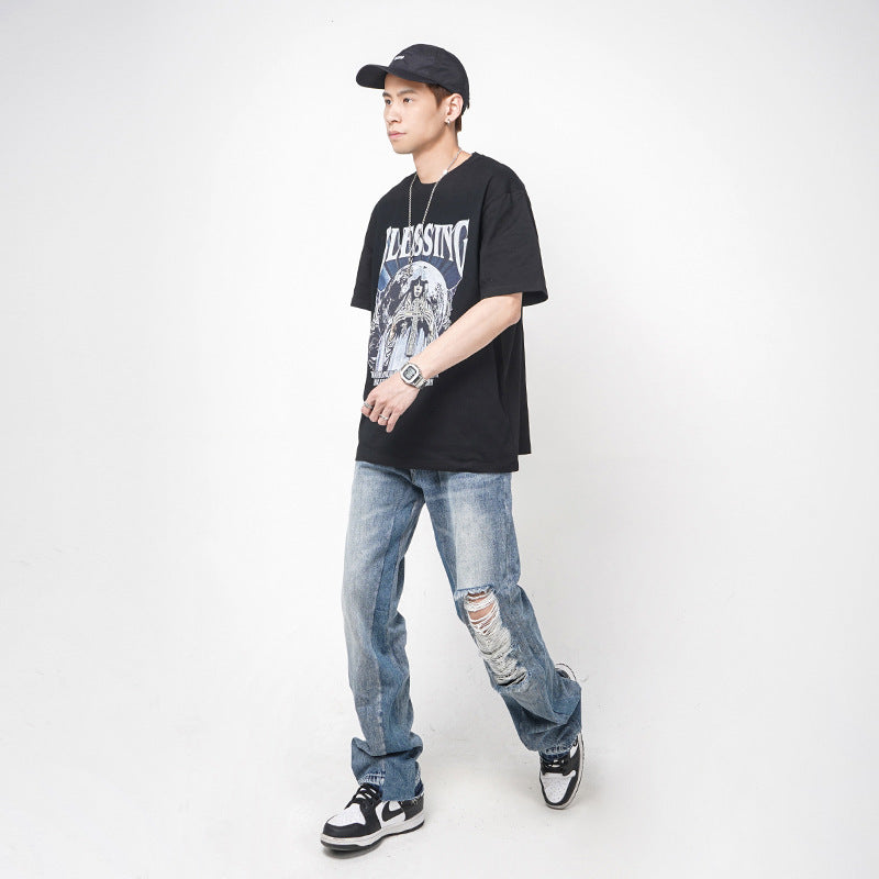 Men's Straight Loose Hole Jeans Men's Straight Loose Hole Jeans