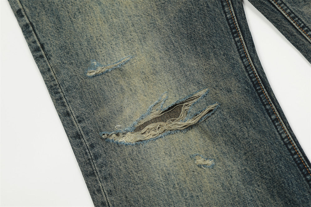 American Retro Tattered Jeans Denim Trousers Men American Retro Tattered Jeans Denim Trousers Men