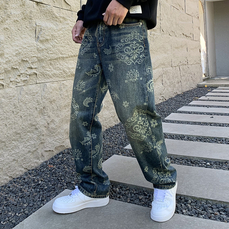 Vintage Jeans Men's Fashion Printed Loose Casual Straight Trousers Vintage Jeans Men's Fashion Printed Loose Casual Straight Trousers