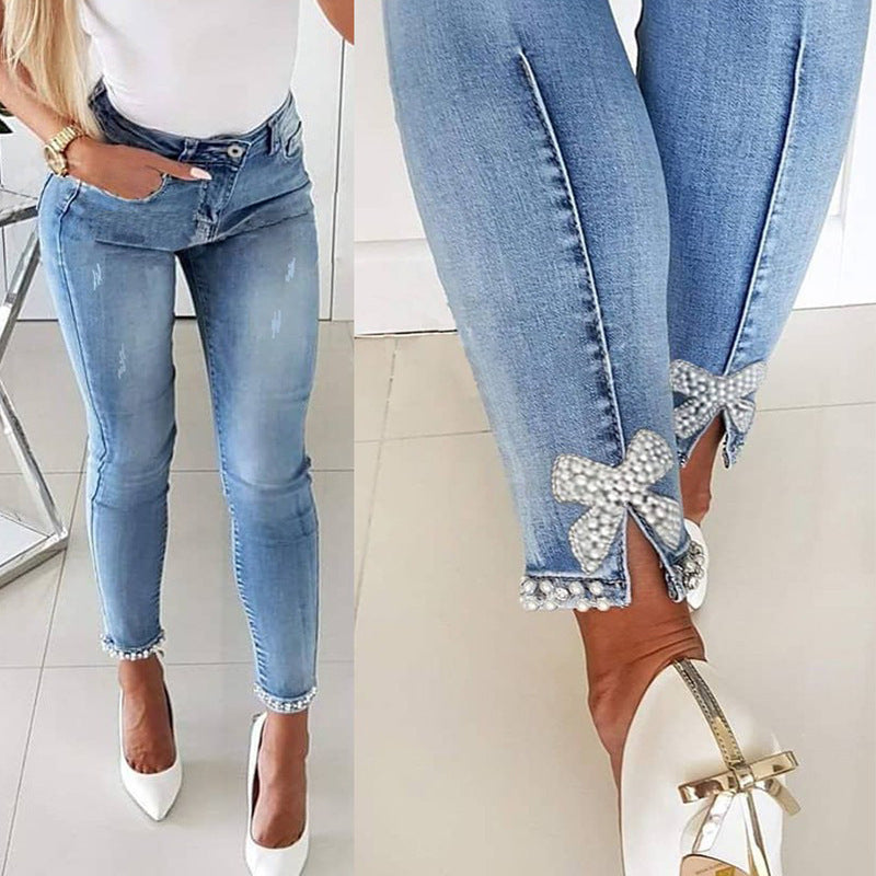 Slim Jeans Women Butterfly Sticky Flower Beaded Split Trousers Slim Jeans Women Butterfly Sticky Flower Beaded Split Trousers