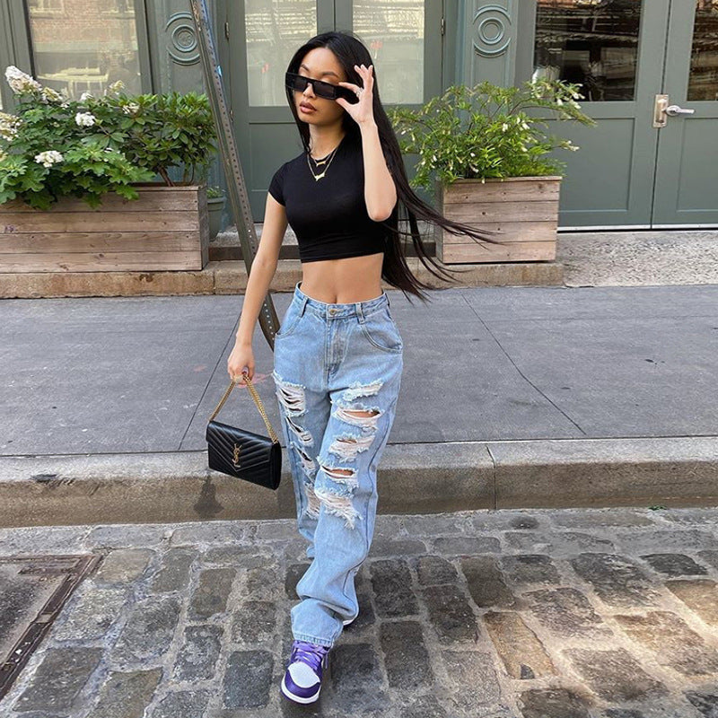 European and American Street Ripped Jeans Women Light Color High Waist European and American Street Ripped Jeans Women Light Color High Waist