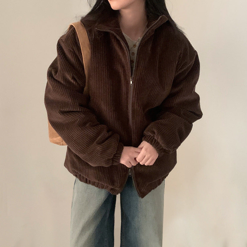 Lapel Sunken Stripe Design Loose Corduroy Cotton-padded Short Coat For Women Lapel Sunken Stripe Design Loose Corduroy Cotton-padded Short Coat For Women