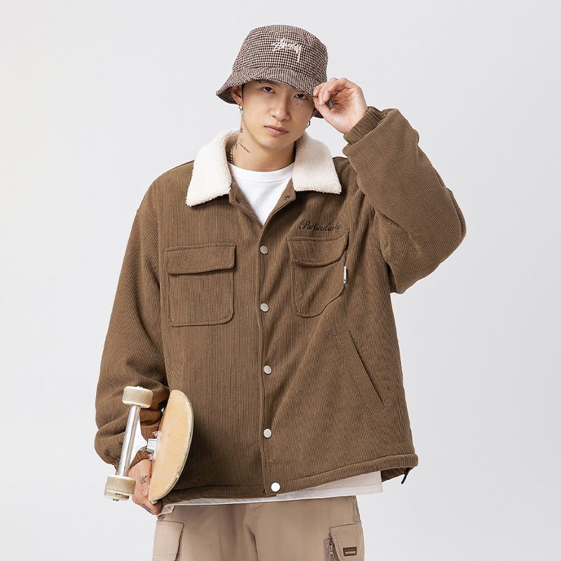 Embroidered Loose Thick Lambswool Lapel Cotton Coat Jacket Embroidered Loose Thick Lambswool Lapel Cotton Coat Jacket