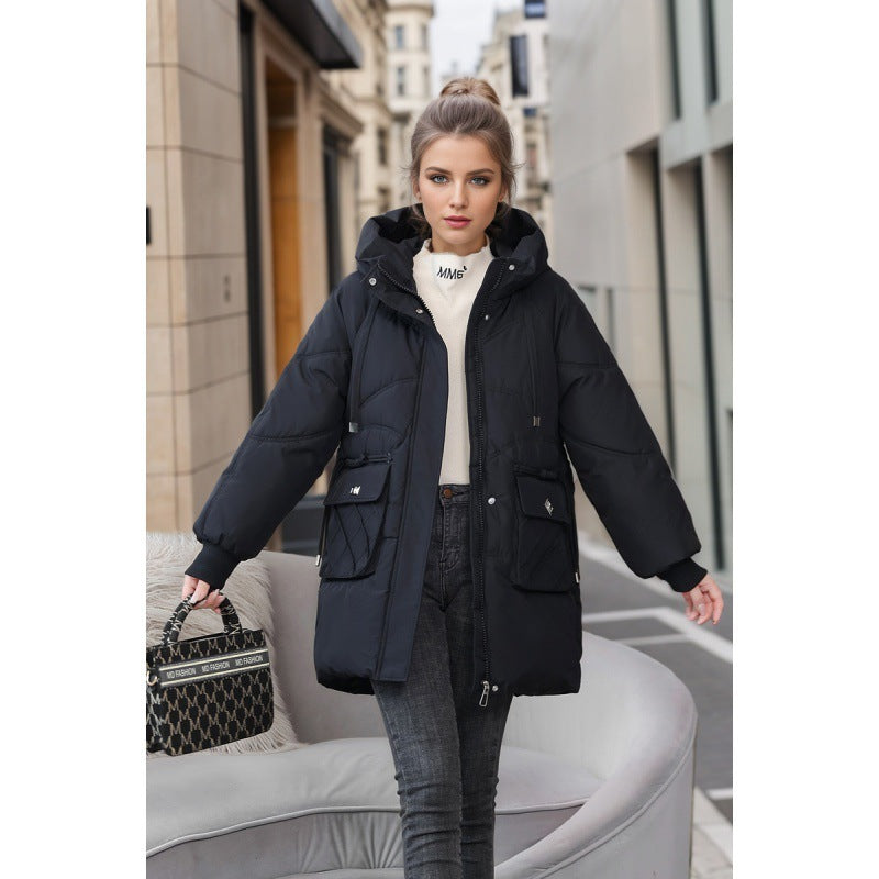 Winter Warm Hooded Coat With Pockets Fashion Solid Color Thicken Straight Cotton Jacket For Women Outerwear Clothing Winter Warm Hooded Coat With Pockets Fashion Solid Color Thicken Straight Cotton Jacket For Women Outerwear Clothing