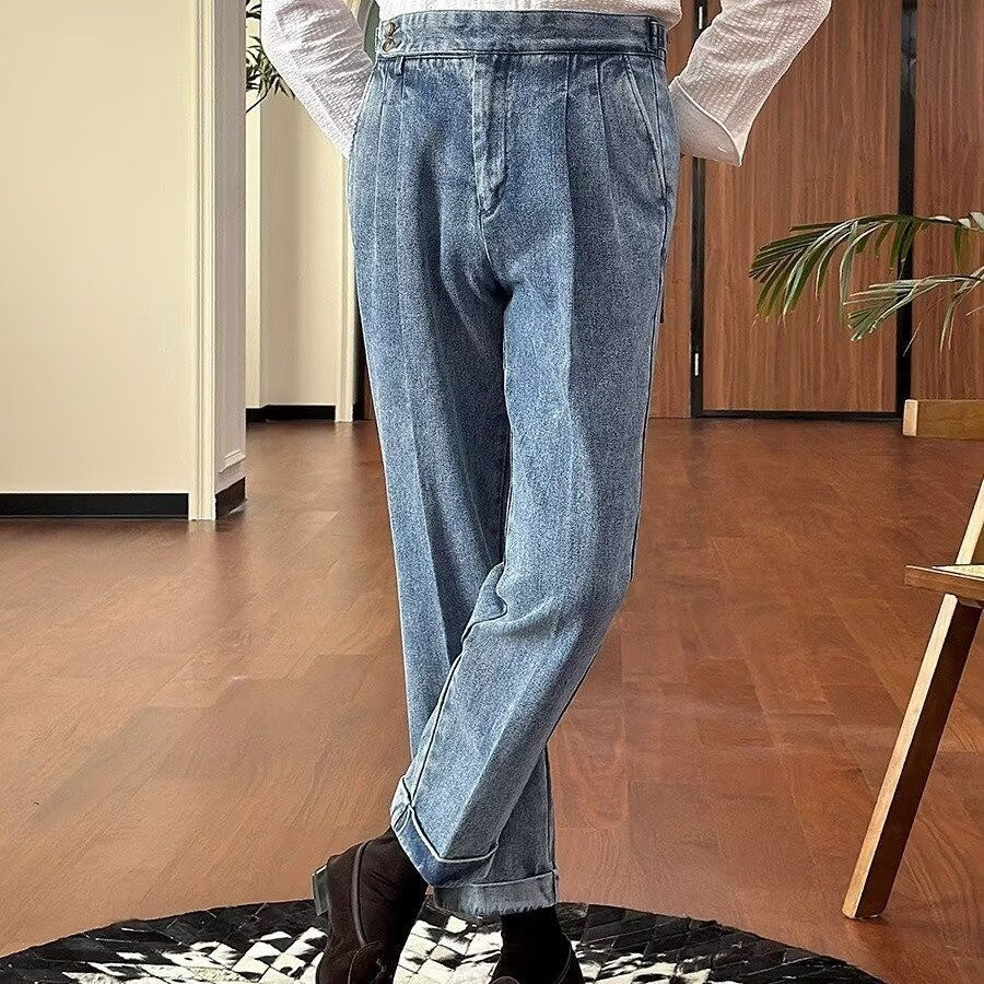 British High Waist Men's Italian Business Denim Curling Suit Pants British High Waist Men's Italian Business Denim Curling Suit Pants