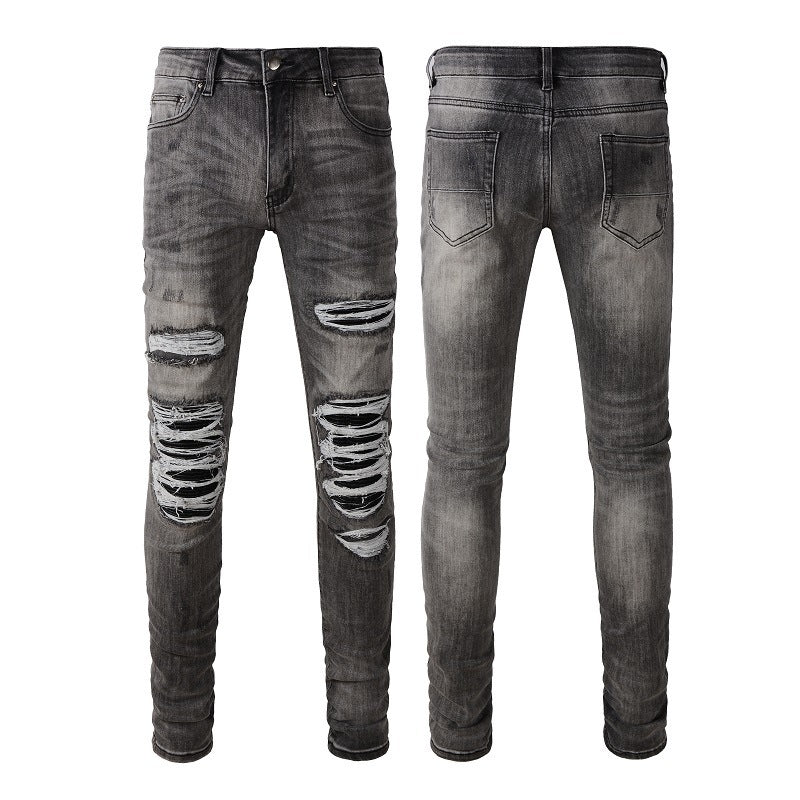 Non-mainstream Personality Patch Jeans Men's Cover Damage Gray Casual Pants Non-mainstream Personality Patch Jeans Men's Cover Damage Gray Casual Pants