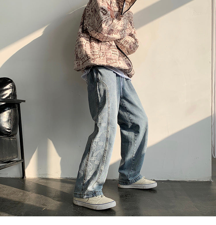 Retro Jeans Ins Men and Women Stitching Cashew Jacquard Loose Wide-leg Straight Pants Drawstring Trousers Tide Retro Jeans Ins Men and Women Stitching Cashew Jacquard Loose Wide-leg Straight Pants Drawstring Trousers Tide