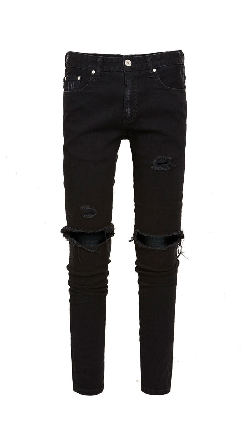 Pure Black Stretch Jeans With Holes For Men Pure Black Stretch Jeans With Holes For Men