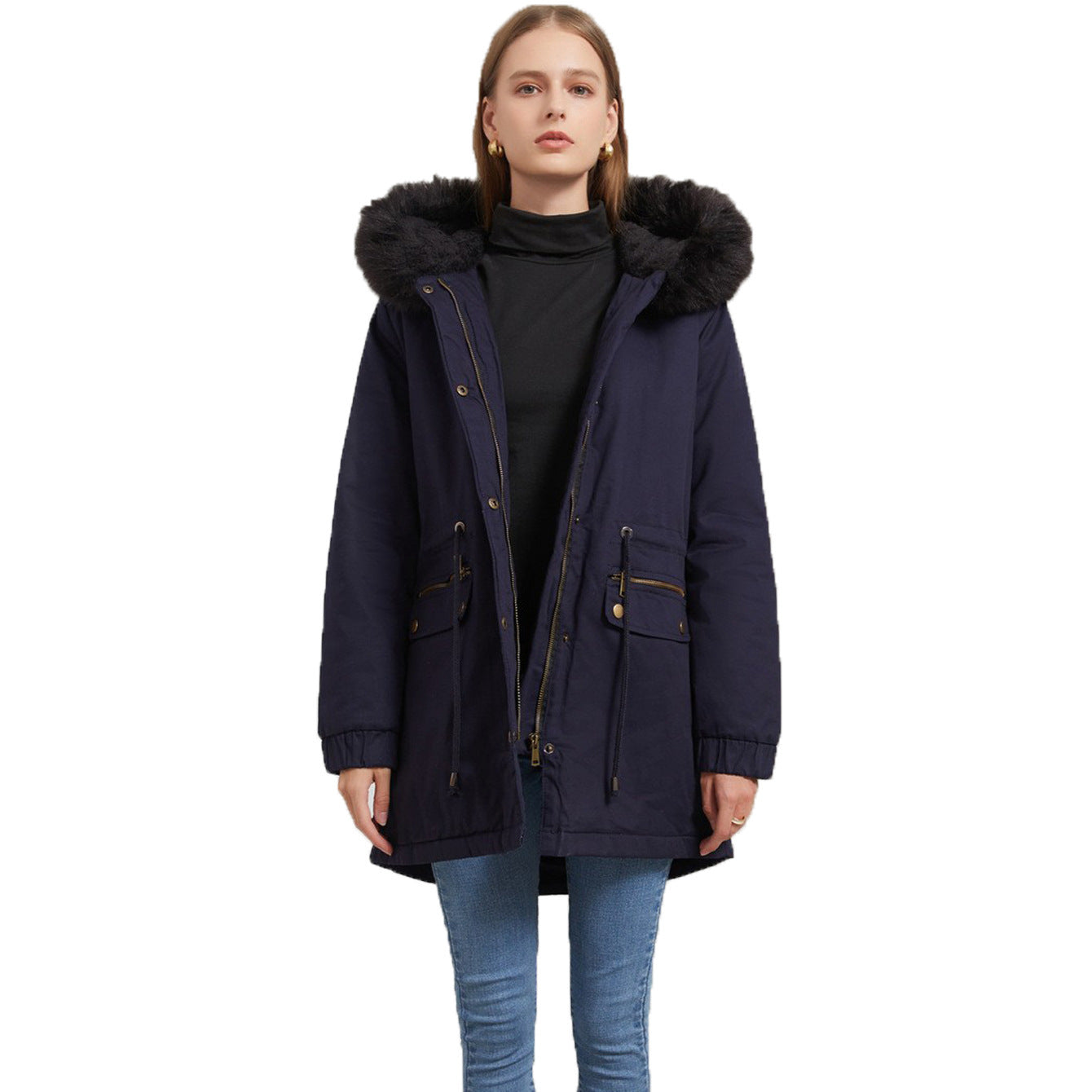 Women's Mid-length Fur Collar Coat Parker Cotton-padded Coat Women's Mid-length Fur Collar Coat Parker Cotton-padded Coat