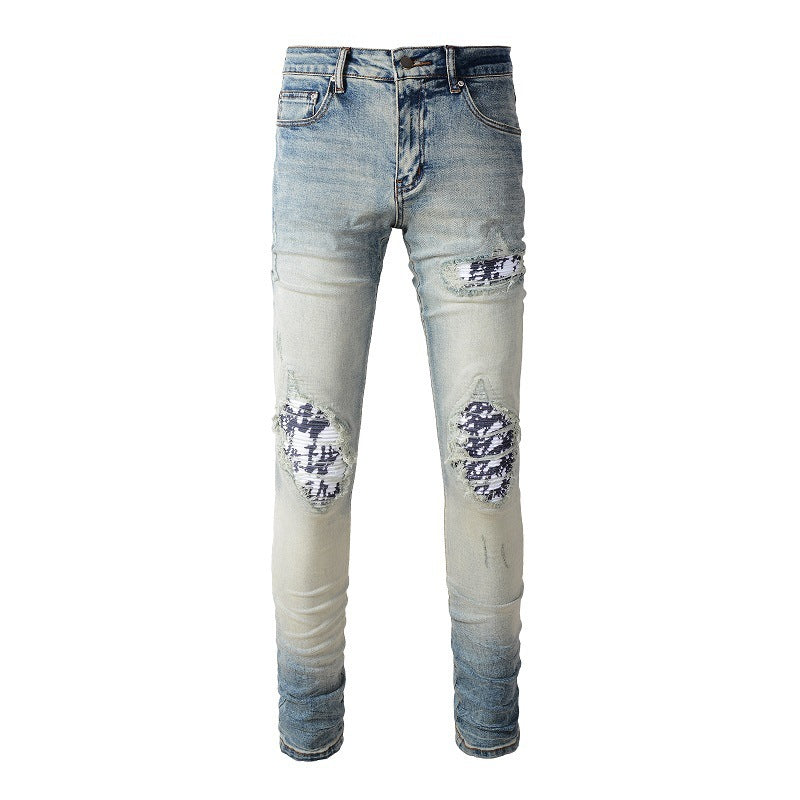American High Street Fashionable Men's Ripped Black And White Patch Jeans American High Street Fashionable Men's Ripped Black And White Patch Jeans