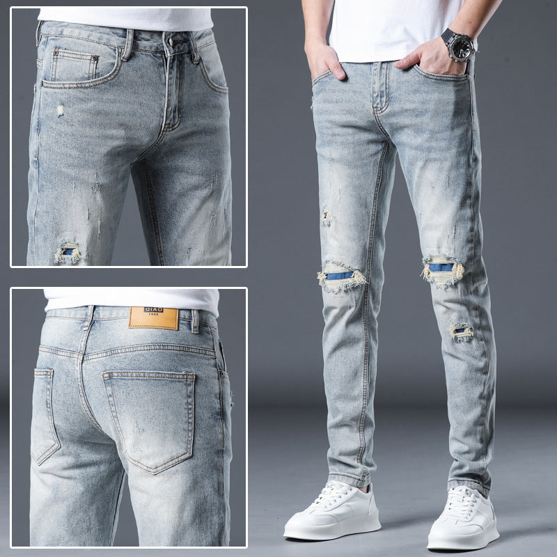 New Patch Ripped Jeans Men's Stretch New Patch Ripped Jeans Men's Stretch