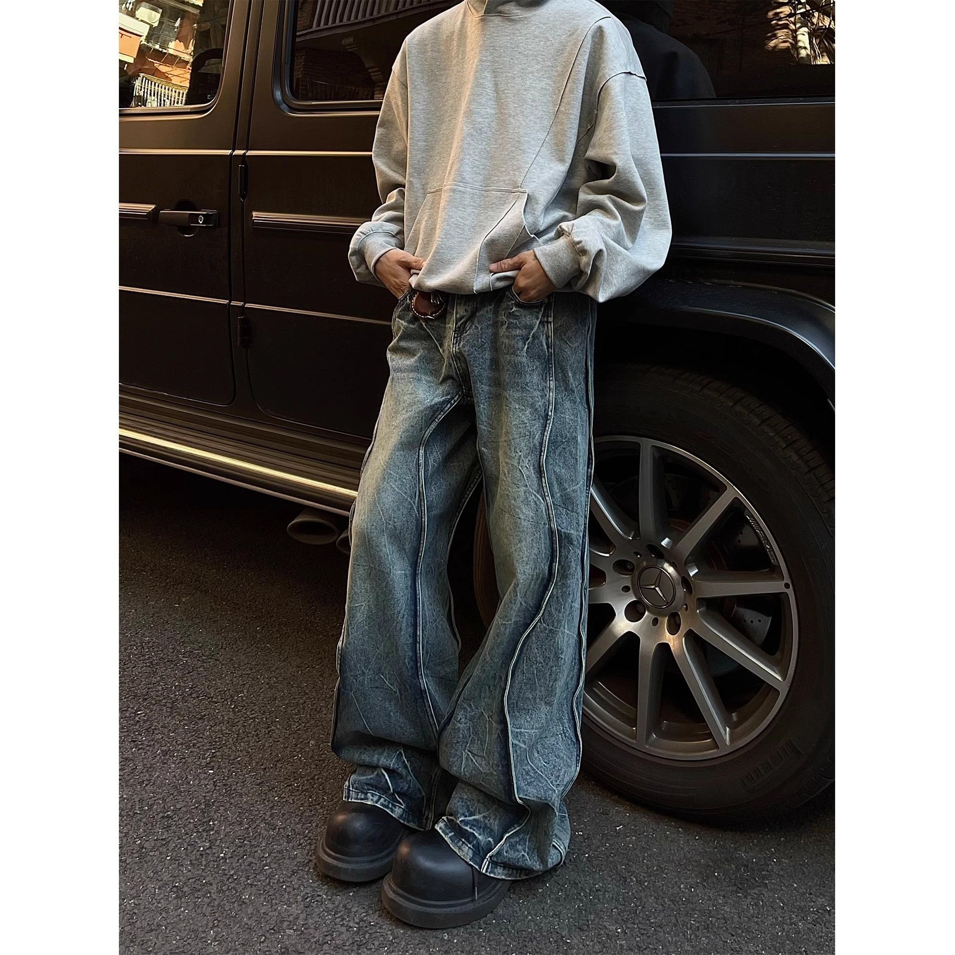 Lightning Pattern Straight Loose Casual American Street Stitching Profile Jeans Men Lightning Pattern Straight Loose Casual American Street Stitching Profile Jeans Men