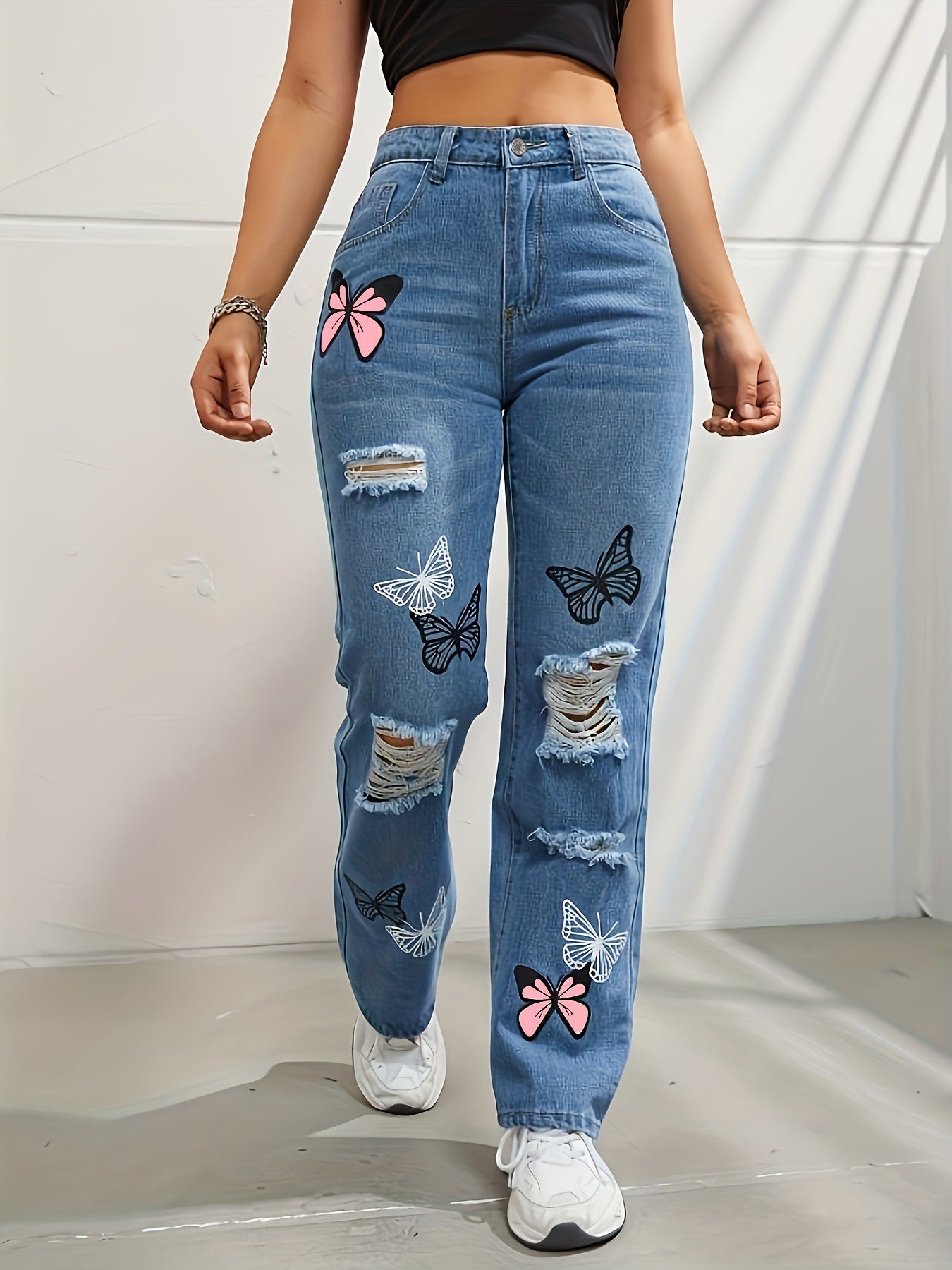 High Waisted Straight Leg Jeans For Women Trendy Butterfly Print Ripped Distressed Denim Pants High Waisted Straight Leg Jeans For Women Trendy Butterfly Print Ripped Distressed Denim Pants