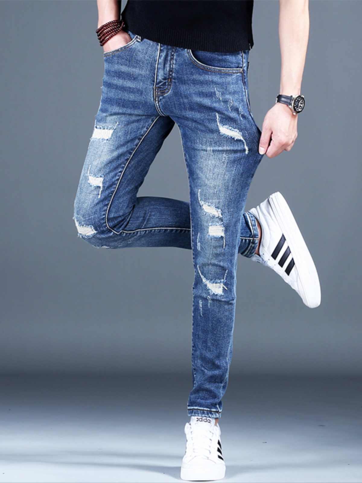 Ripped Fleece Padded Jeans Men's Stretch Casual Slim-fit Pants Ripped Fleece Padded Jeans Men's Stretch Casual Slim-fit Pants