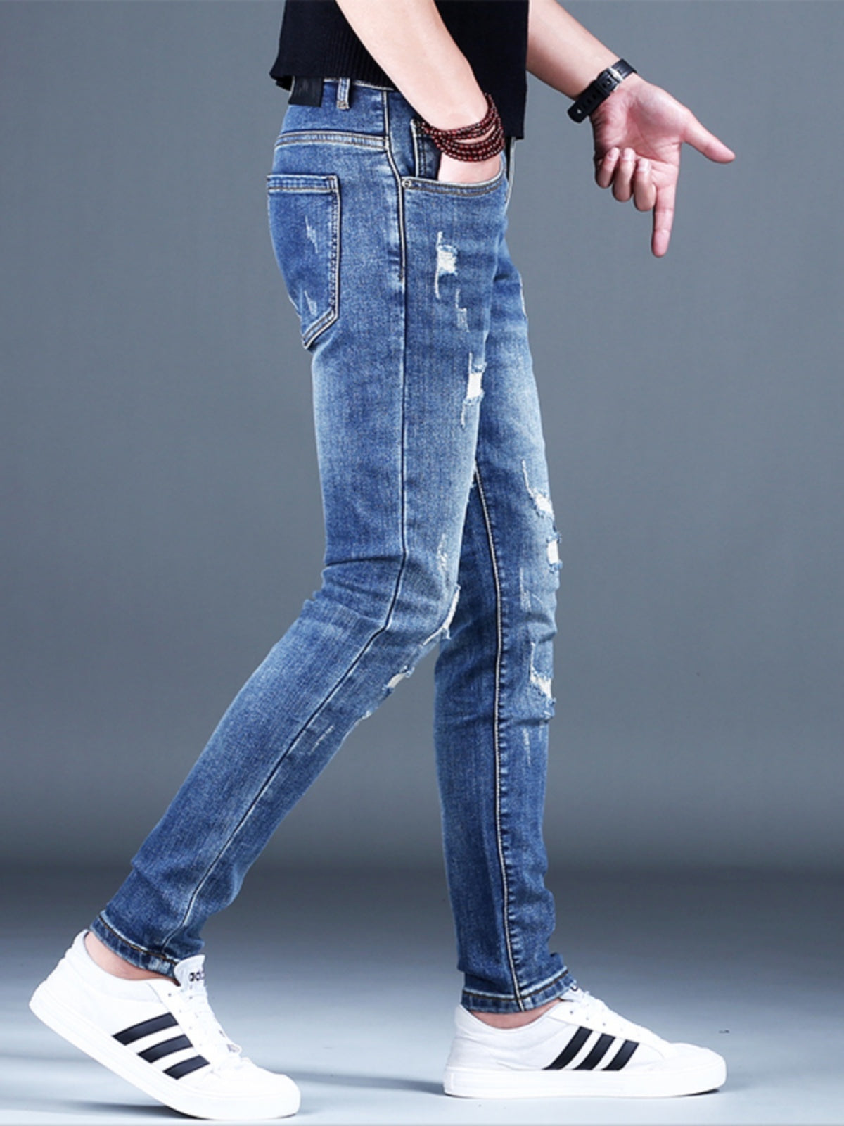 Ripped Fleece Padded Jeans Men's Stretch Casual Slim-fit Pants Ripped Fleece Padded Jeans Men's Stretch Casual Slim-fit Pants