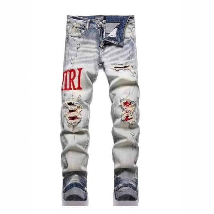 Punk Retro Blue Ripped Slim Elastic Printing Printing And Dyeing Feet Men's Jeans Punk Retro Blue Ripped Slim Elastic Printing Printing And Dyeing Feet Men's Jeans